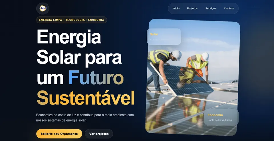 Página inicial da Sohard Energia Solar em desktop: título, pedido de orçamento e fotografia de uma instalação.